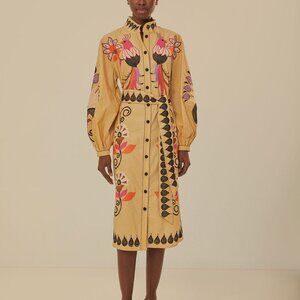 Khaki Flower Bird Embroidered Midi Dress